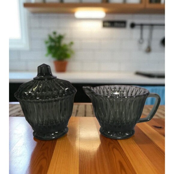 VTG Libbey Glass Creamer & Sugar Bowl Set Smoke Grey Starburst Pattern MCM - Picture 1 of 10